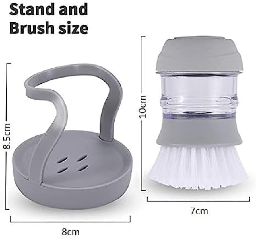 Washing Brush for Dishes Soap Dispensing Palm Scrub Brush with Drip Tray Holder Refillable Cleaning Pot Brush Multipurpose Kitchen Brush for Washing and Cleaning Dish Pan Pot Sink