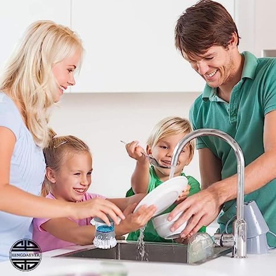 Washing Brush for Dishes Soap Dispensing Palm Scrub Brush with Drip Tray Holder Refillable Cleaning Pot Brush Multipurpose Kitchen Brush for Washing and Cleaning Dish Pan Pot Sink
