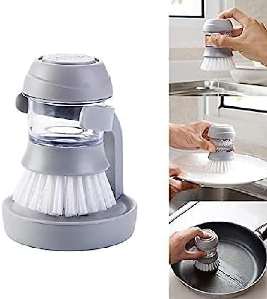 Washing Brush for Dishes Soap Dispensing Palm Scrub Brush with Drip Tray Holder Refillable Cleaning Pot Brush Multipurpose Kitchen Brush for Washing and Cleaning Dish Pan Pot Sink