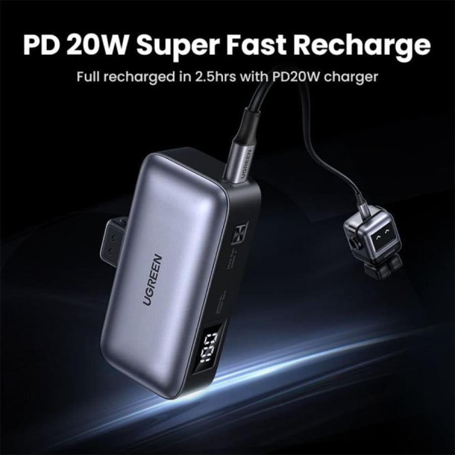 Yogreen - Portable charger with integrated USB-C and USB-C port with 5000 mAh capacity and 22.5-watt power - Gray