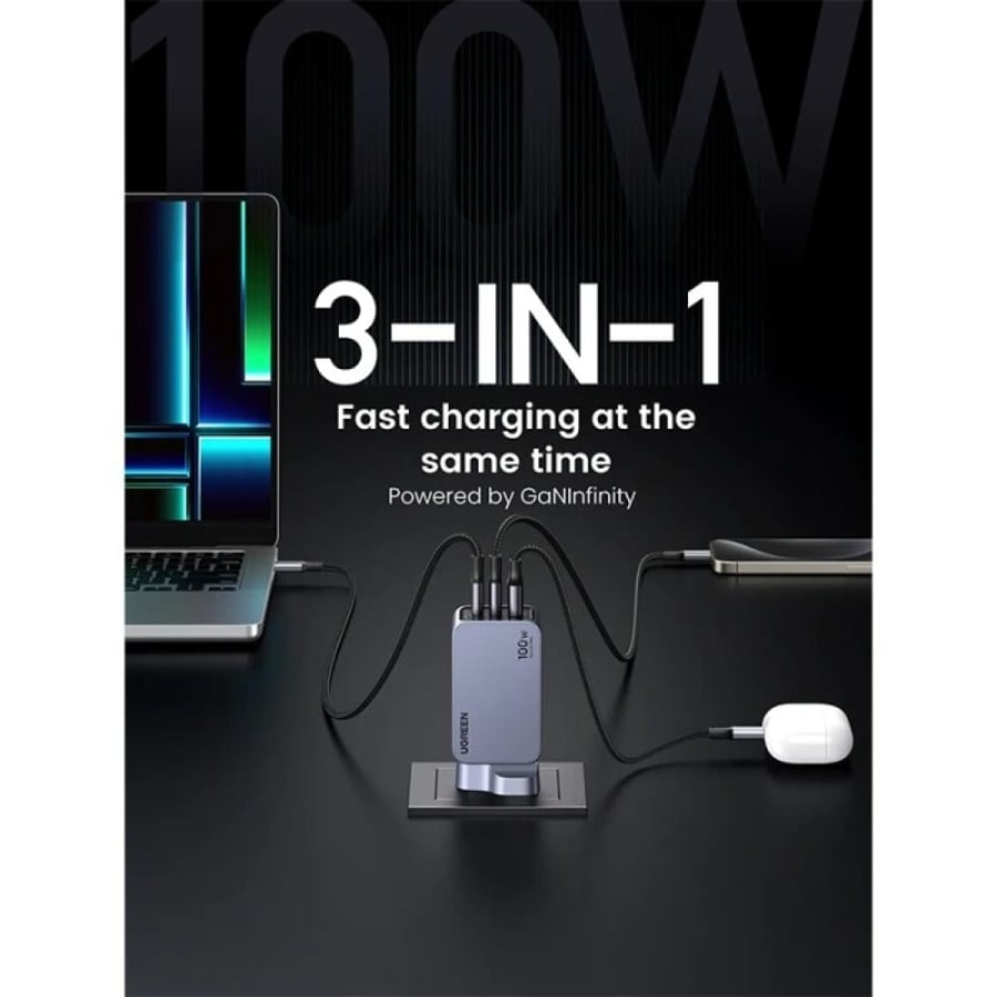 Yogreen - Nexod wall charger with two USB-C ports and one USB port, 100-watt power - gray