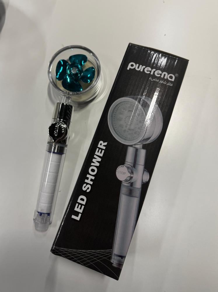فلتر شور LED من PureFena - موزع ماء مع إضاءة ليد، رأس دش قابل للتعديل
