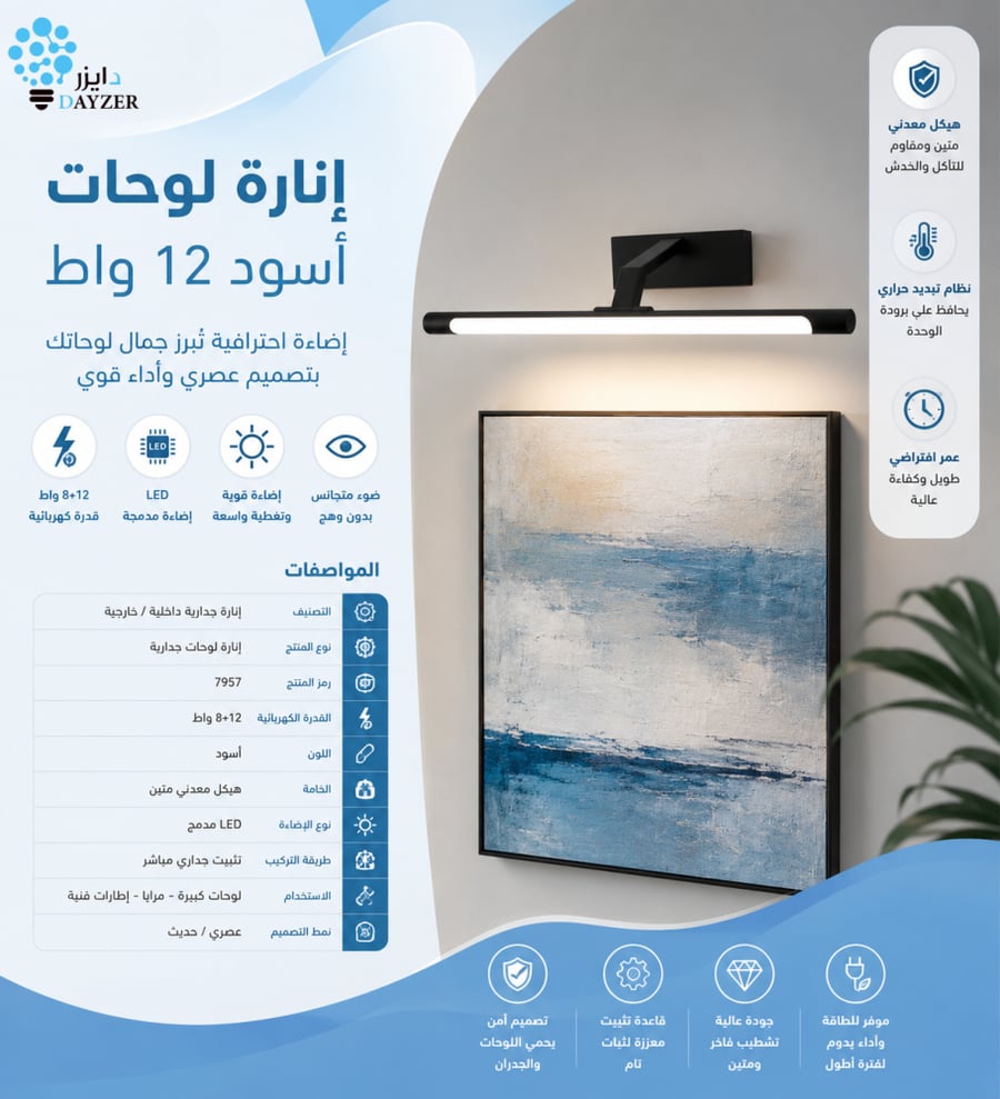 انارة لوحات اسود 12 واط إضاءة أقوى لإبراز أدق التفاصيل