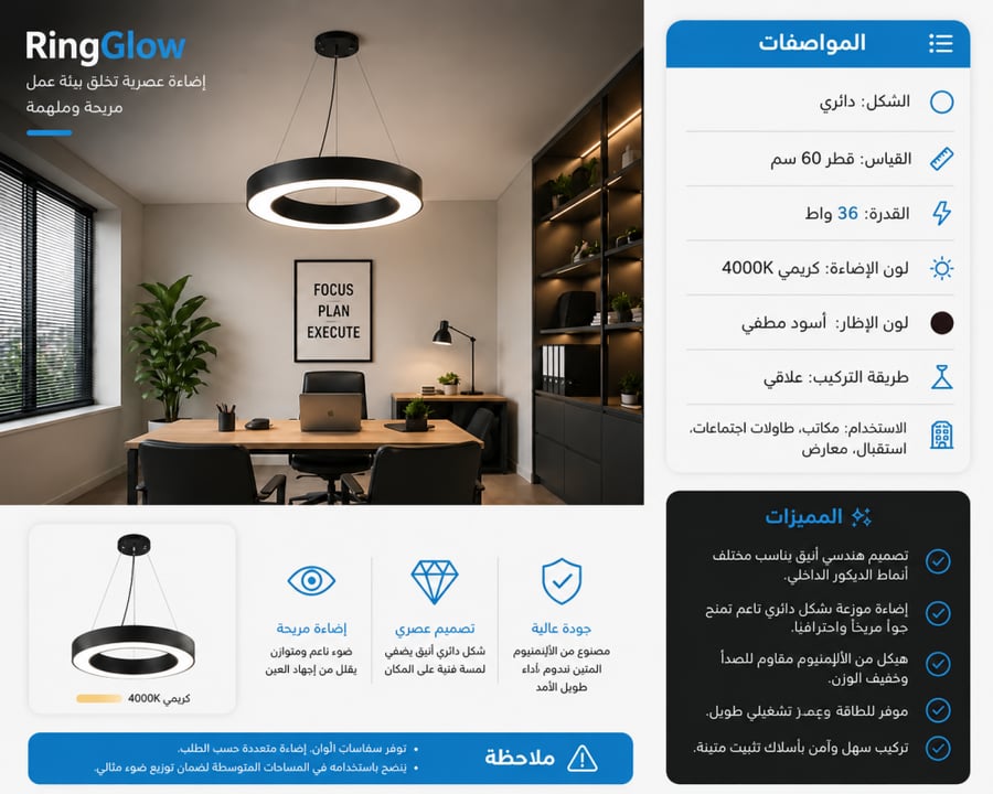 علاقي مكتبي دائري بانل 60 سم 36 واط دايزر للإنارة تفصيل للسقف