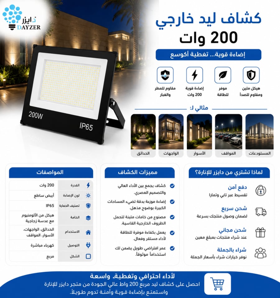كشاف ليد خارجي 200 وات IP65 إضاءة قوية للمساحات