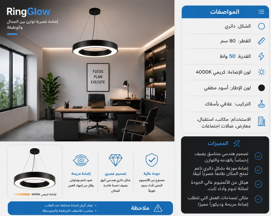 علاقي مكتبي دائري بانل 80 سم 50 واط دايزر للإنارة تشطيب أنيق