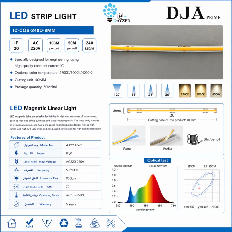 شريط LED COB 220 فولت 9 واط لفة 50 متر دايزر للإنارة