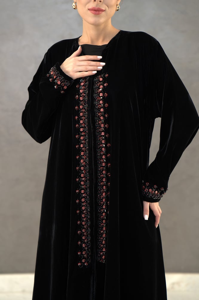 Black velvet abaya with hand embroidery on the front and sleeves