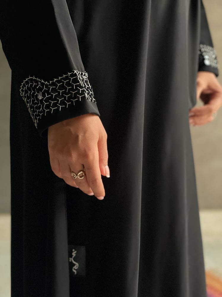 Black crepe abaya with embroidery on the sleeves and the head covering
