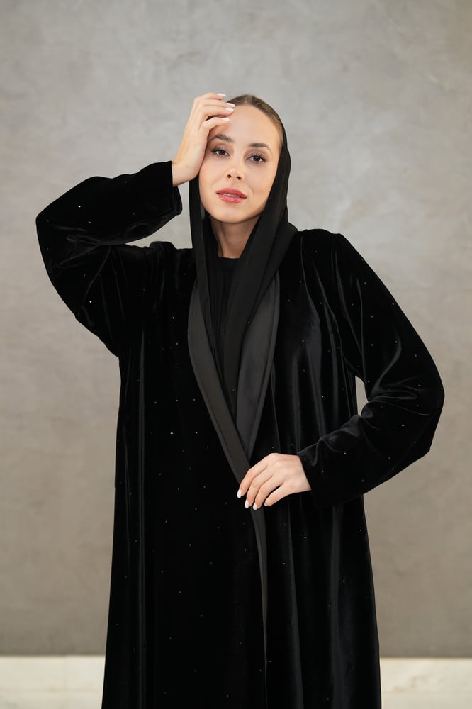 Black velvet abaya with black beaded embroidery all over the abaya and the headscarf