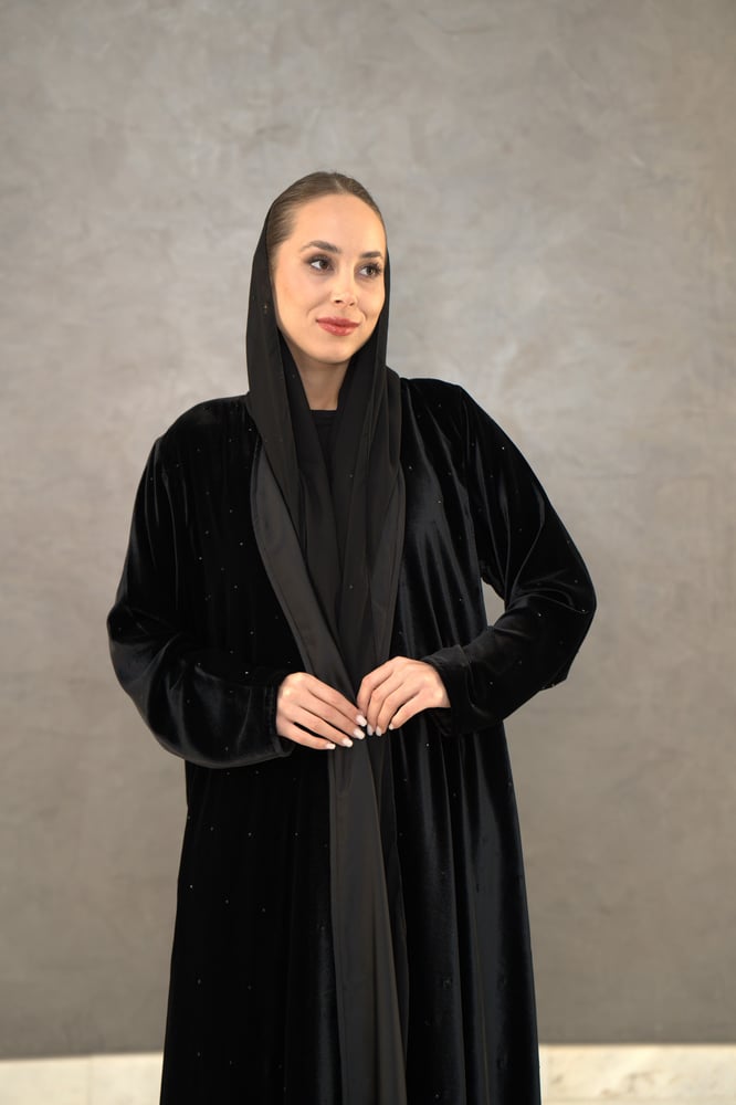 Black velvet abaya with black beaded embroidery all over the abaya and the headscarf