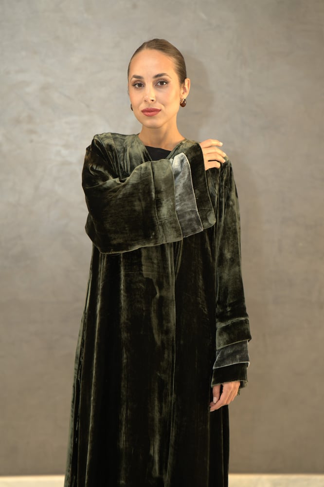 French velvet abaya olive with olive embroidery, with sleeves and the head covering