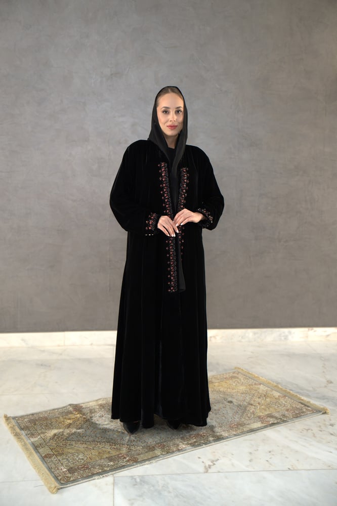 Black velvet abaya with hand embroidery on the front and sleeves