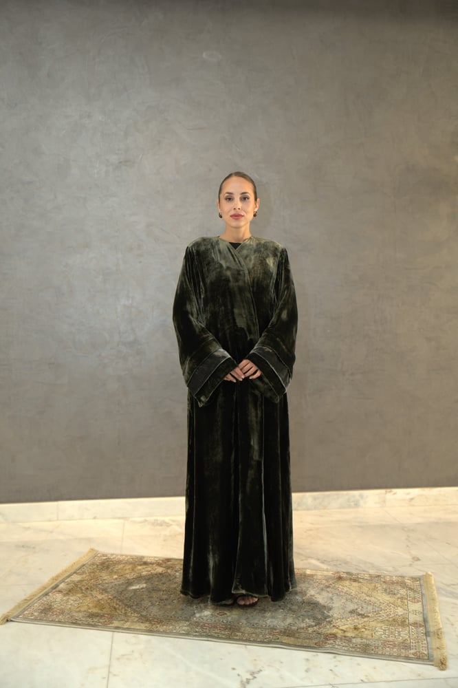 French velvet abaya olive with olive embroidery, with sleeves and the head covering