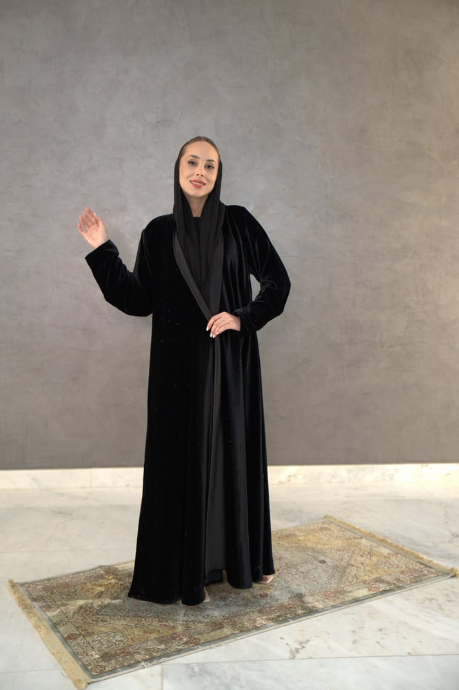 Black velvet abaya with black beaded embroidery all over the abaya and the headscarf