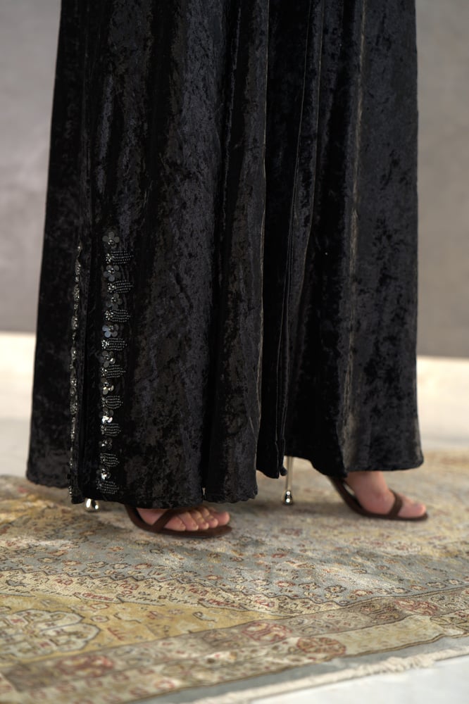 Black velvet abaya with embroidery on the front and sides