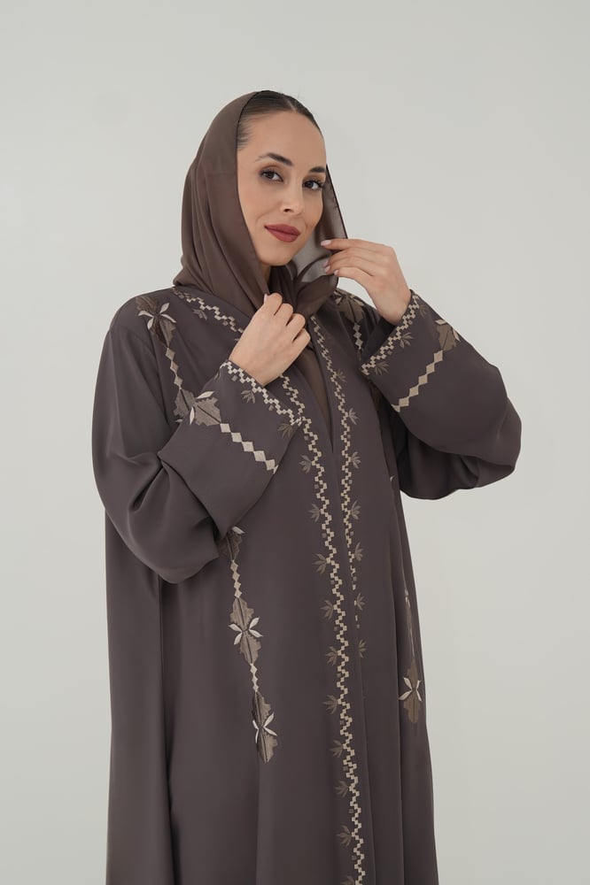 Dark beige crepe abaya with embroidery on the front and sleeves