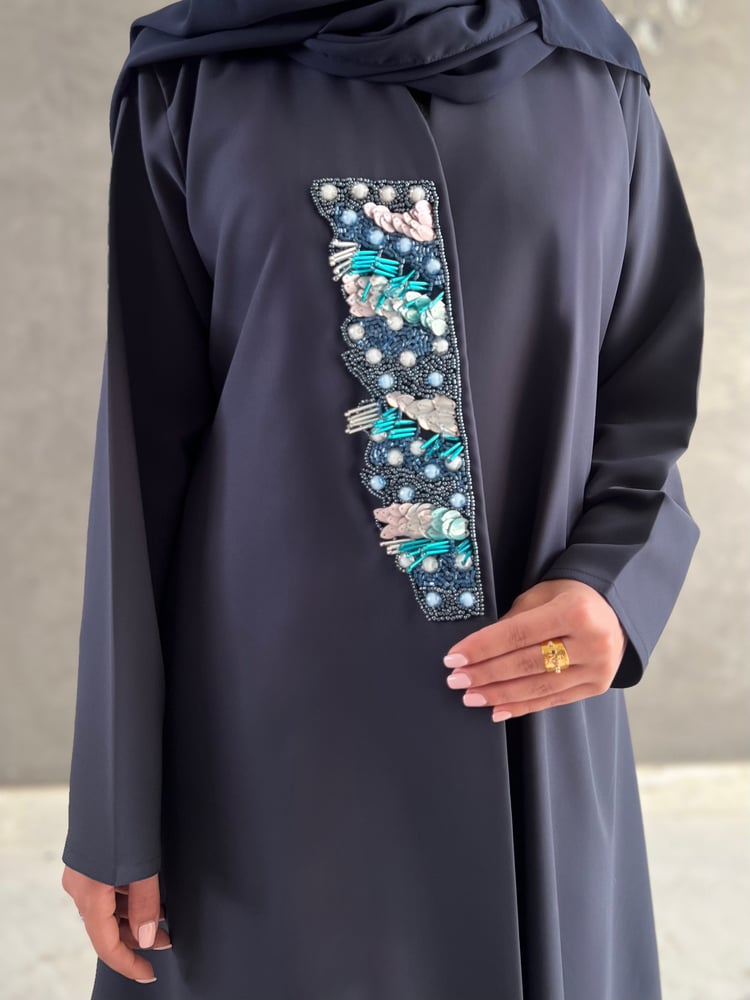 Navy crepe abaya with embroidery in front