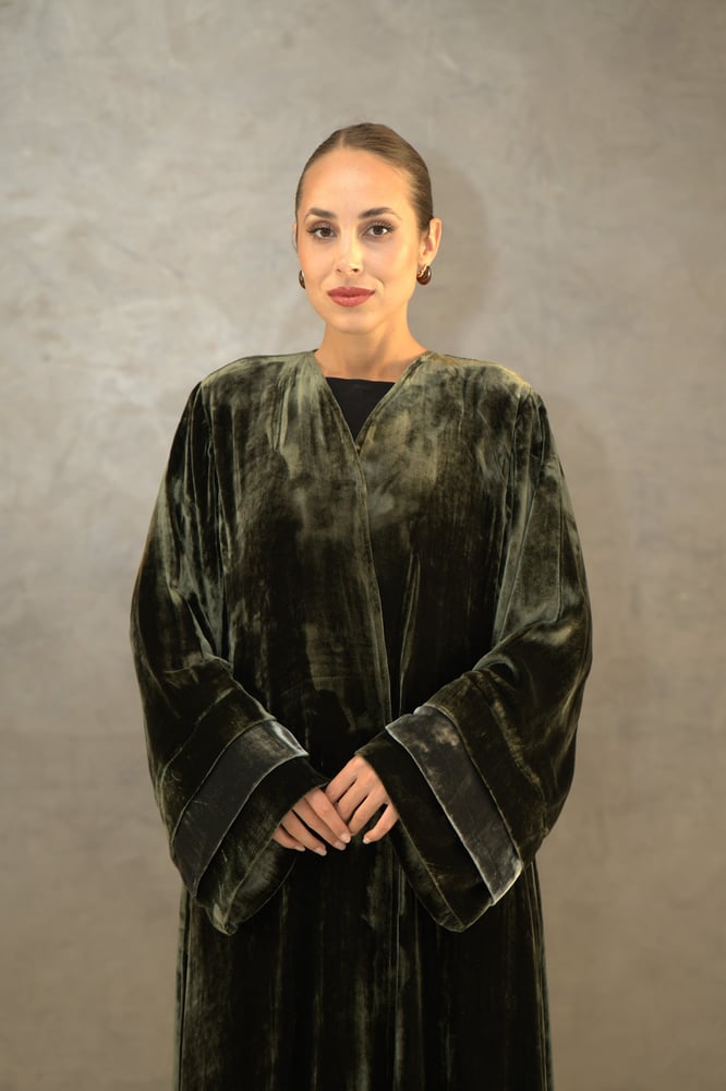French velvet abaya olive with olive embroidery, with sleeves and the head covering