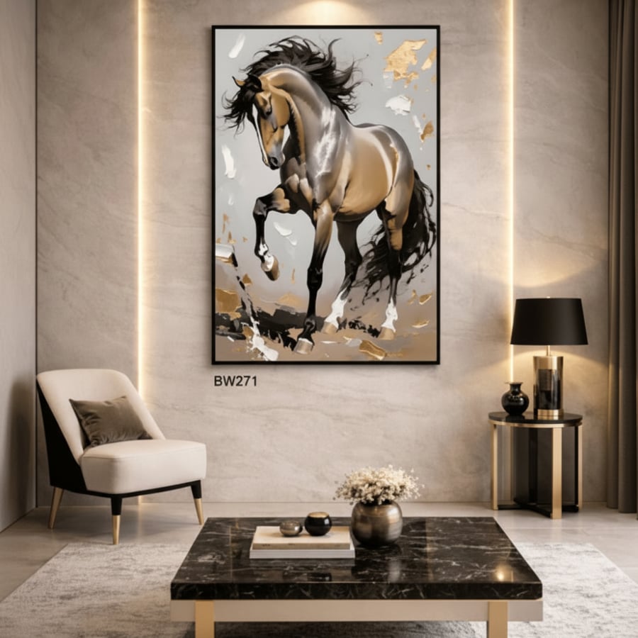 Wall art of a brown horse jumping elegantly with a gold background