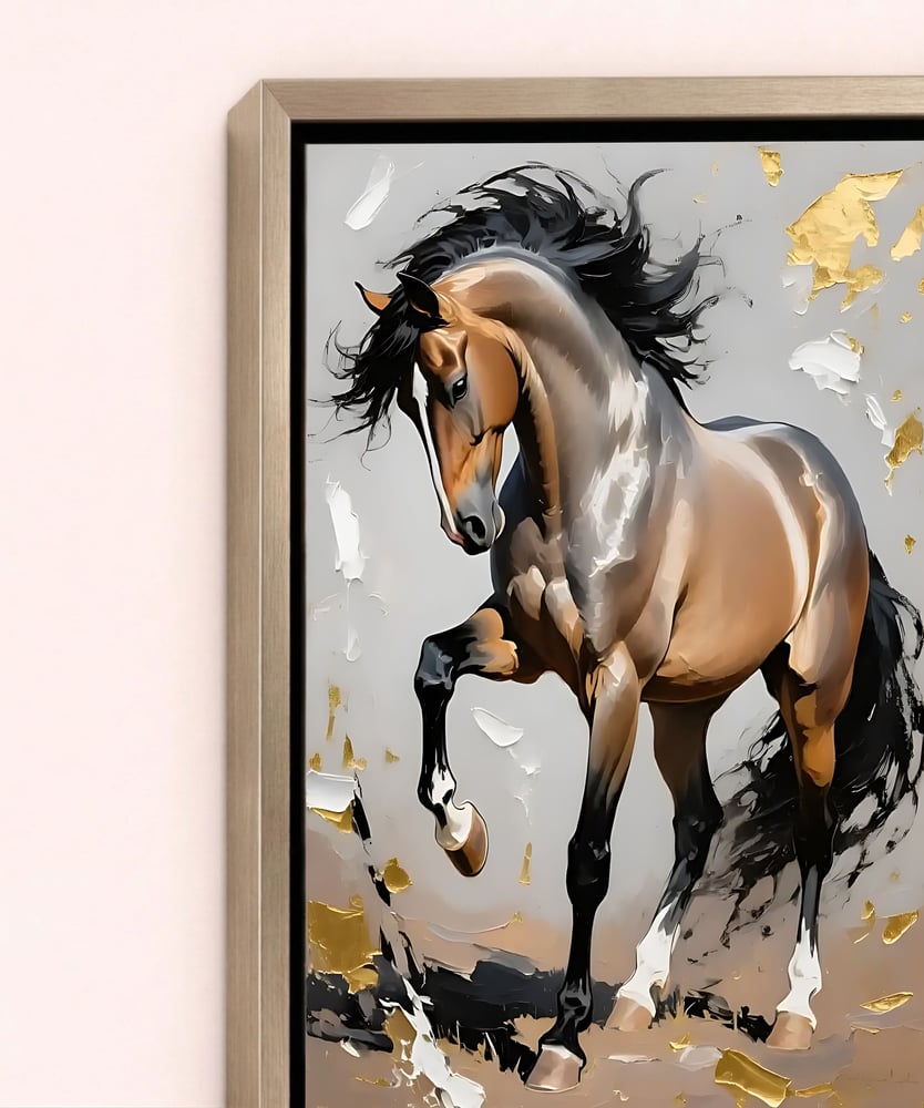 Wall art of a brown horse jumping elegantly with a gold background