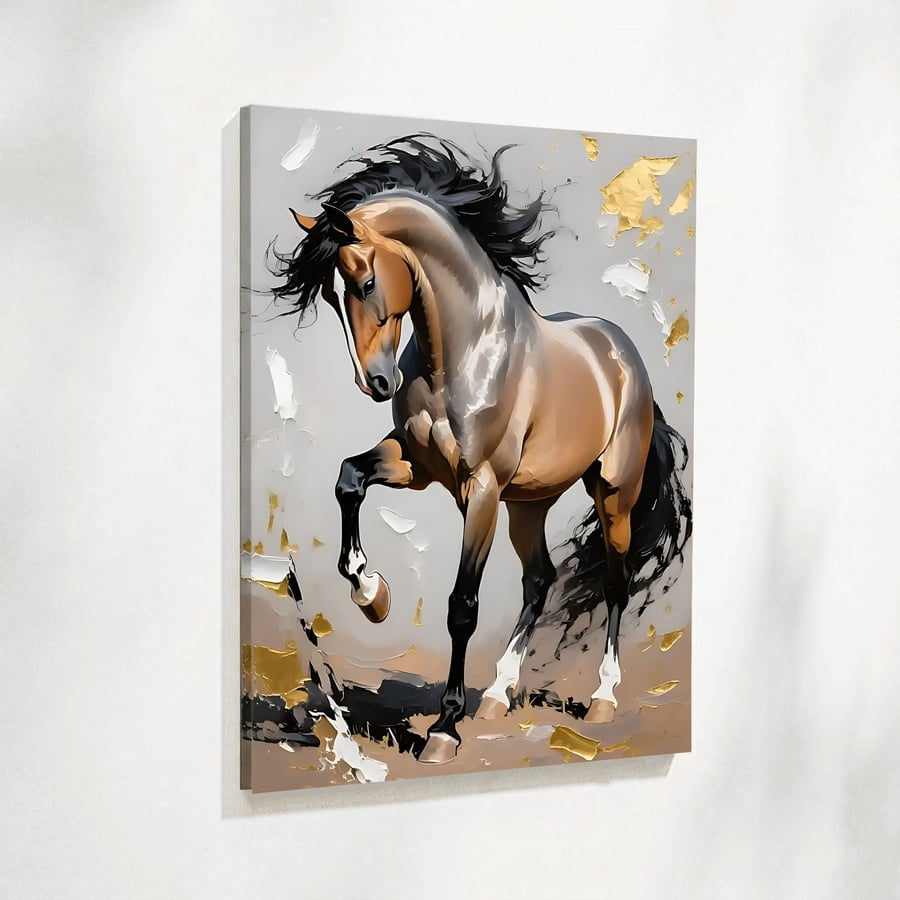 Wall art of a brown horse jumping elegantly with a gold background