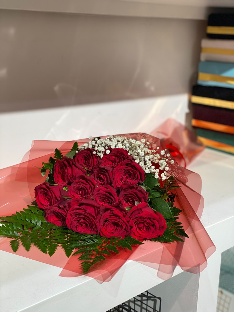 Red wrapping plastic flower bouquet