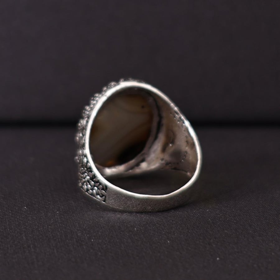 خاتم فضة رجالي عيار 925 متوج بحجر عقيق يماني طبيعي