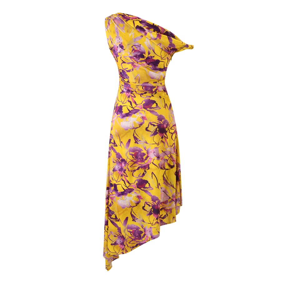 Yellow Midi Dress with Purple Print – Off-Shoulder Draped Cowl Neck