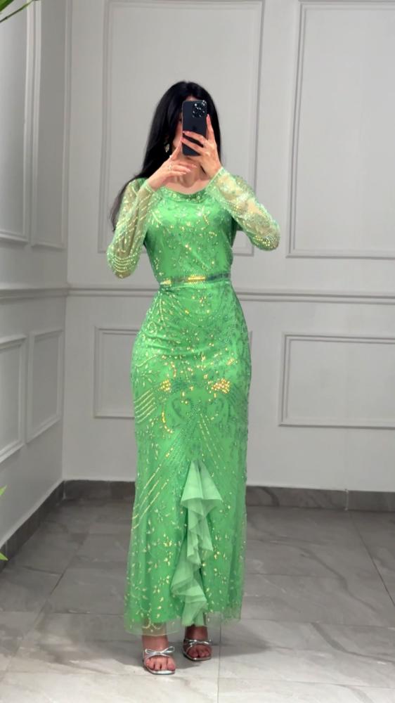 فستان سهره شك بثنايا من الامام Soft Green -
