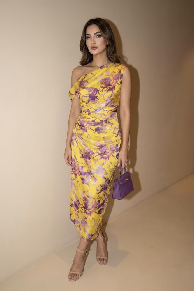 Yellow Midi Dress with Purple Print – Off-Shoulder Draped Cowl Neck
