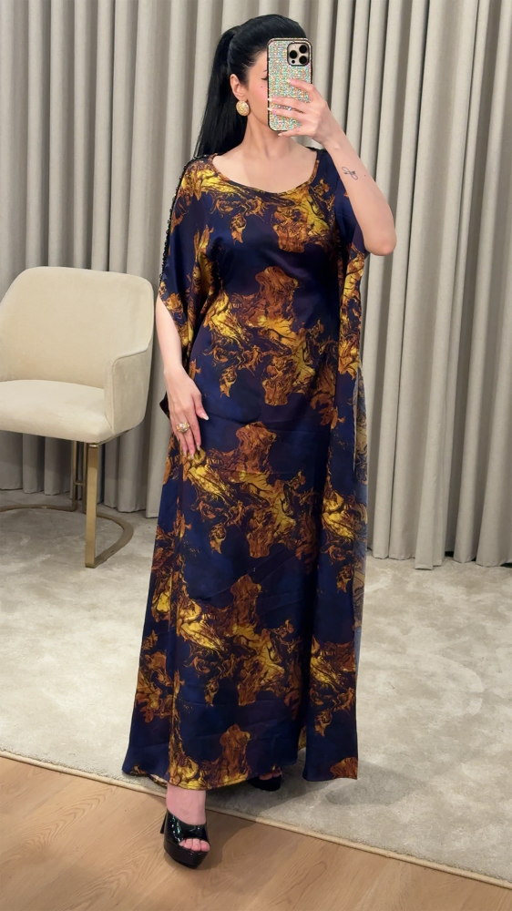 Navy Printed Jalabiya Kaftan with Gold Marble Print