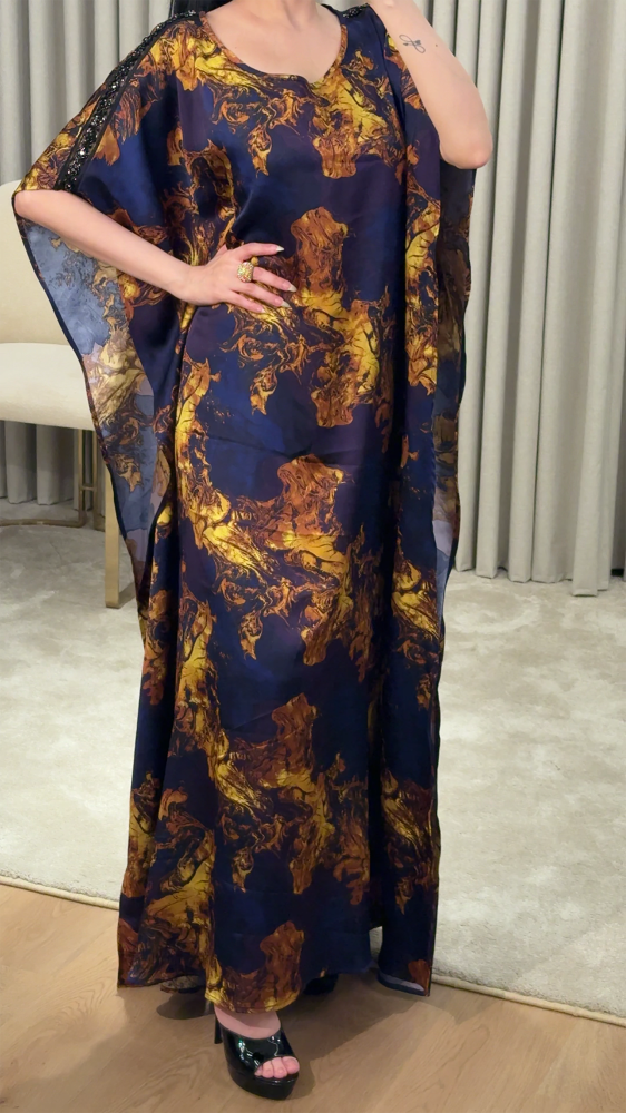 Navy Printed Jalabiya Kaftan with Gold Marble Print
