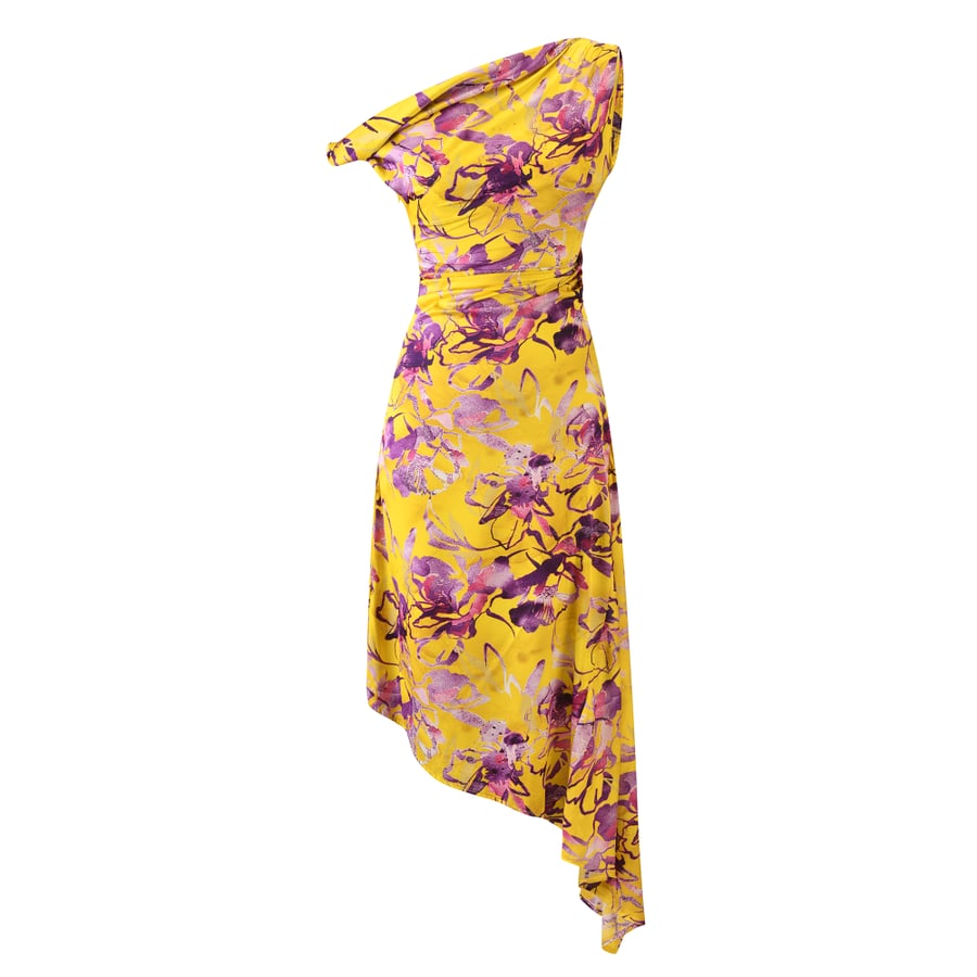 Yellow Midi Dress with Purple Print – Off-Shoulder Draped Cowl Neck