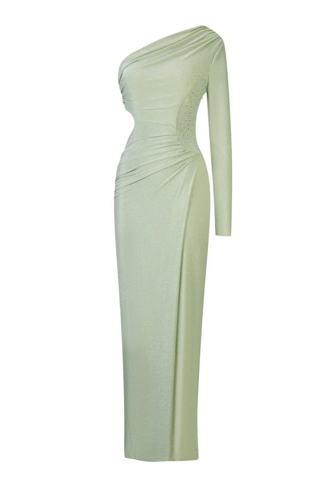 Light Apple One-Shoulder Crystal Detail Evening Dress