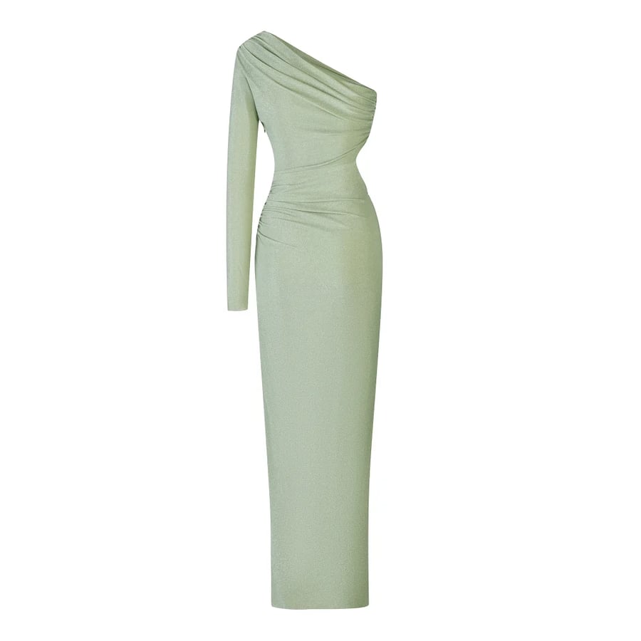 Light Apple One-Shoulder Crystal Detail Evening Dress
