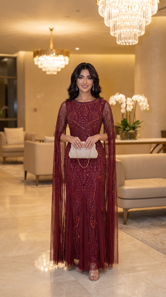 فستان سهرة برغندي مرصع