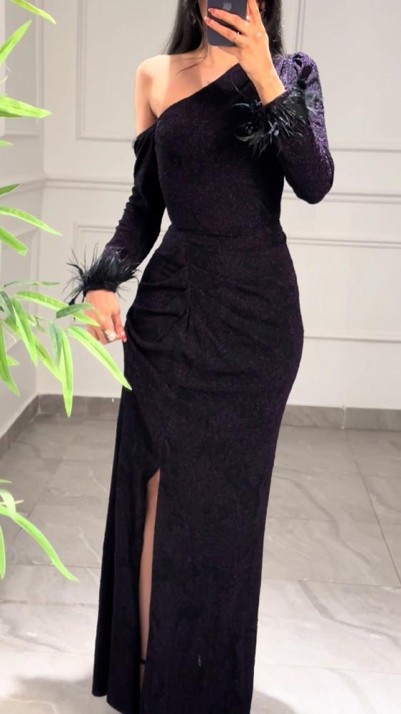 فستان طويل بطابع تشجير بارز Purple Taupe