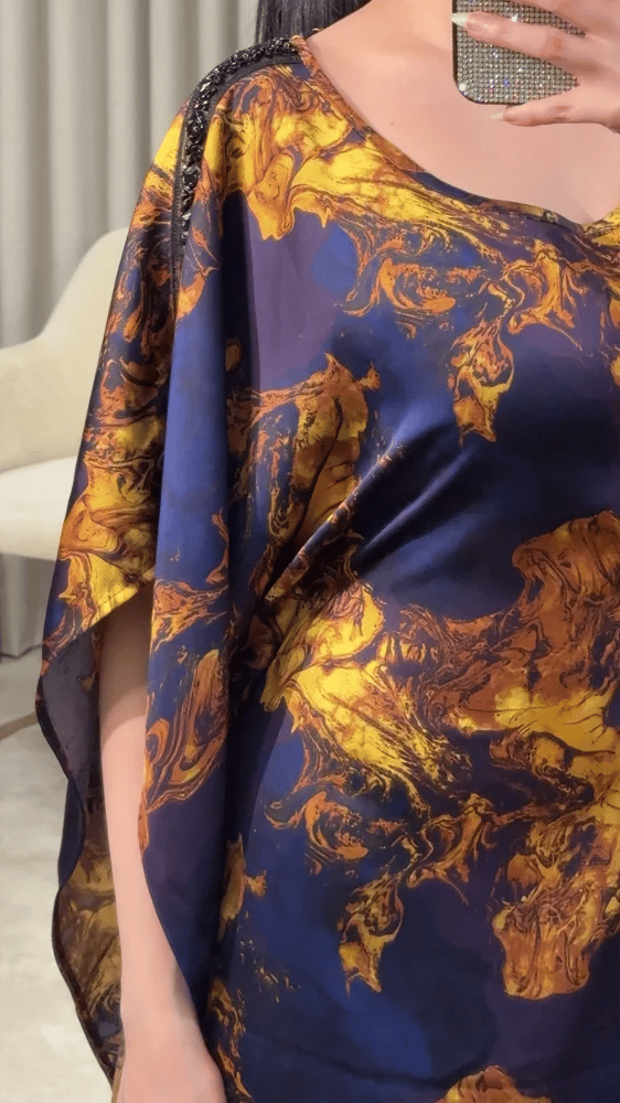 Navy Printed Jalabiya Kaftan with Gold Marble Print