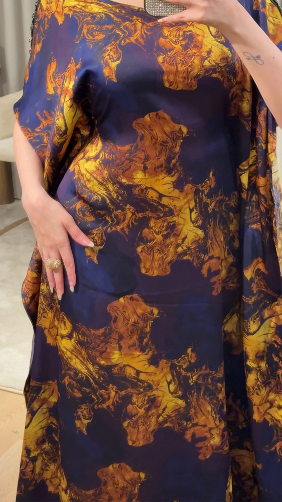 Navy Printed Jalabiya Kaftan with Gold Marble Print