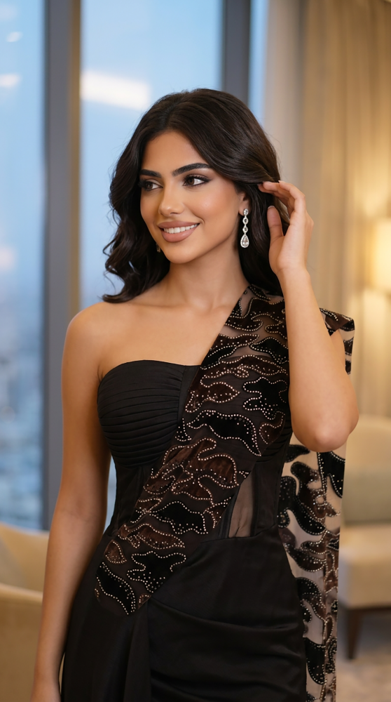 فستان سهرة أسود بتفصيلة كتف مطرزة