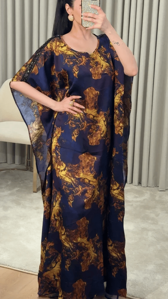 Navy Printed Jalabiya Kaftan with Gold Marble Print
