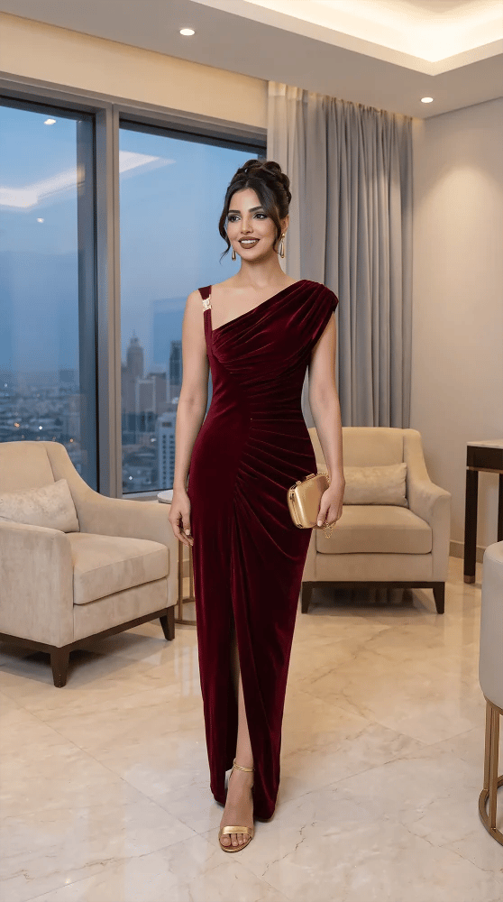 فستان مخمل برغندي درابيه