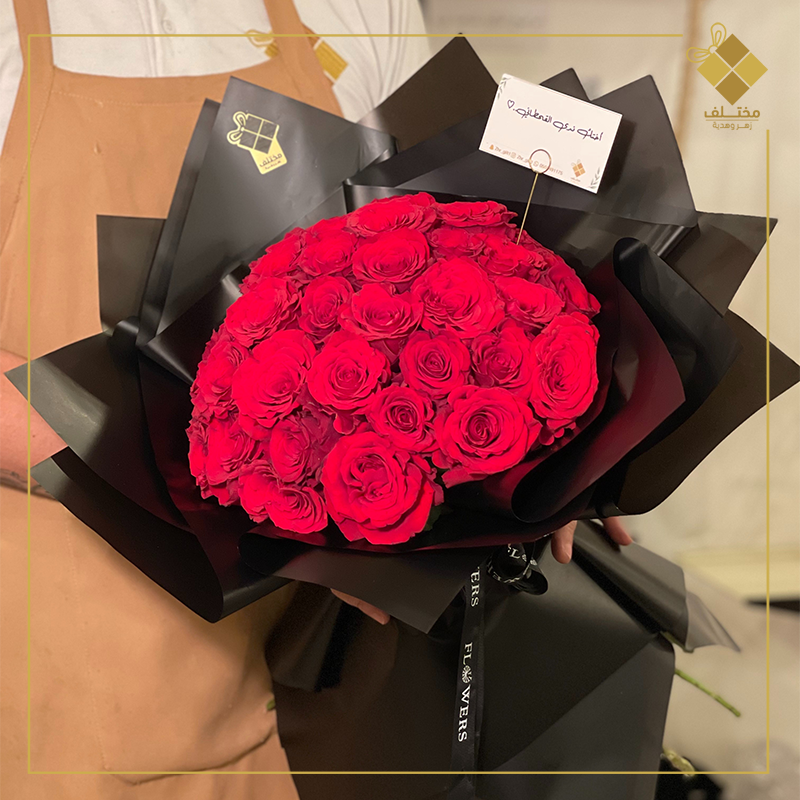 Bouquet of 40 red roses with black wrapping