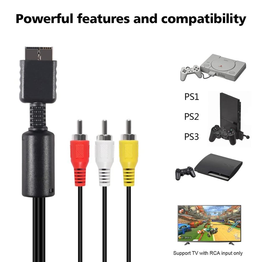AV cable for sound and video suitable for PlayStation 1, 2, 3 black