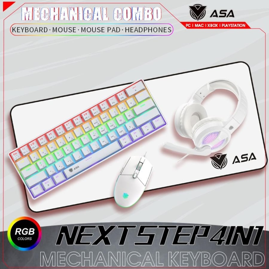 كيبورد ميكانيكي سلكي + ماوس + سماعة + ماوس باد - NEXT STEP 4IN1 RGB ASA 61 KEYS