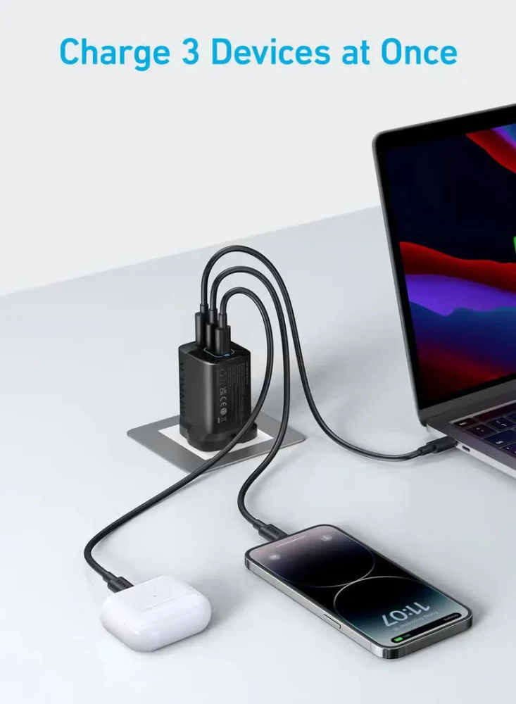راس شاحن منزلي انكر 336 بقوة 67 واط 3 منافذ 2PD + USB