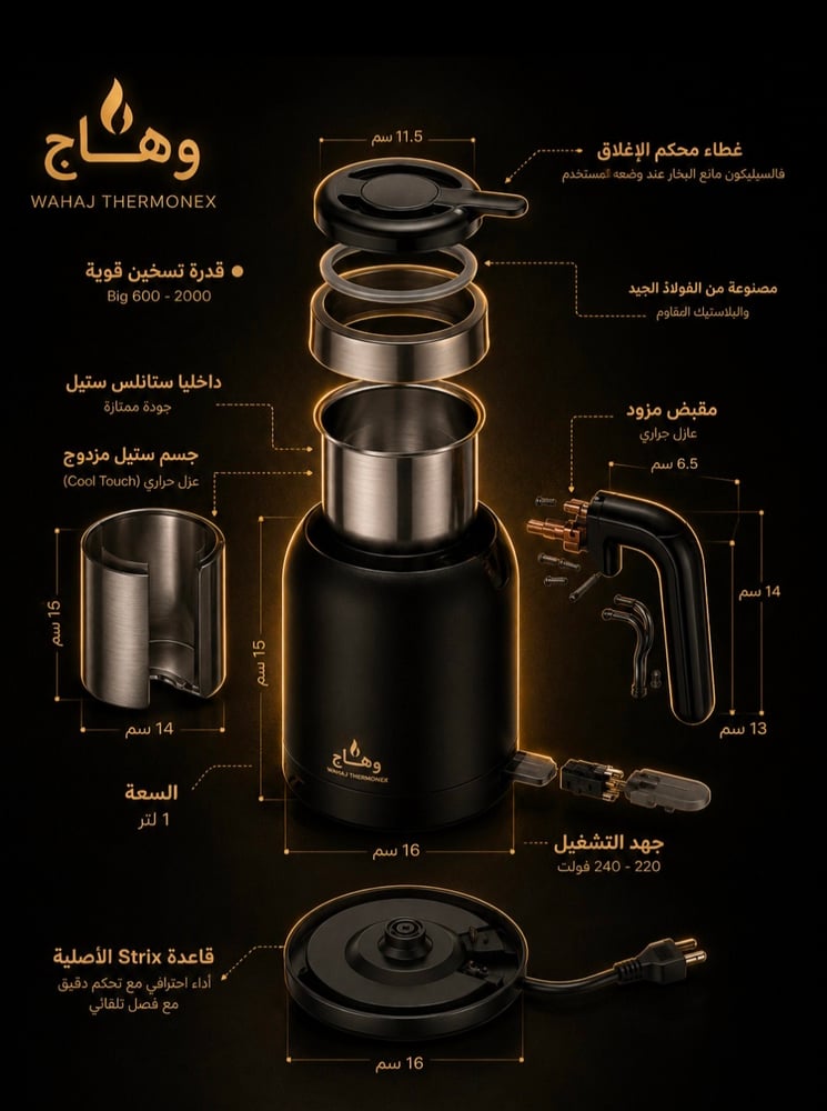 غلاية وهاج 1000w بسعة 1 لتر بـ قاعدة strix الأصلية