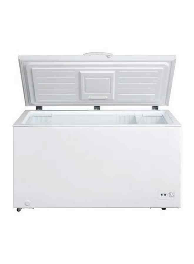 ميديا مجمّد أفقي (Chest Freezer) سعة 290 لتر، موديل HS-384C، لون أبيض، مزود بمقبض وقفل ومفتاح.