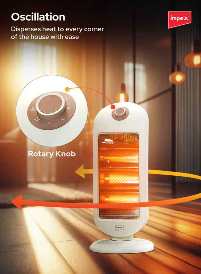 Impex - Quartz heater with three tubes | 1200 watt power, 3 heat settings with oscillation feature | high efficiency and energy saving